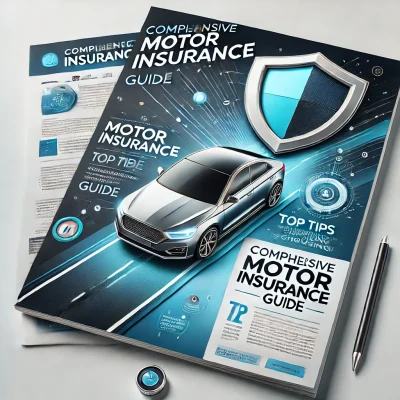 DALL·E 2024-12-25 21.04.27 - A visually appealing e-magazine cover design representing the concept of motor insurance. The layout includes a sleek modern car in the foreground wit